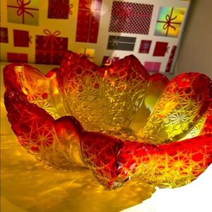 Vintage Amberina L. G. Wright Daisy Button Elegant Red and Yellow Glass Bowl